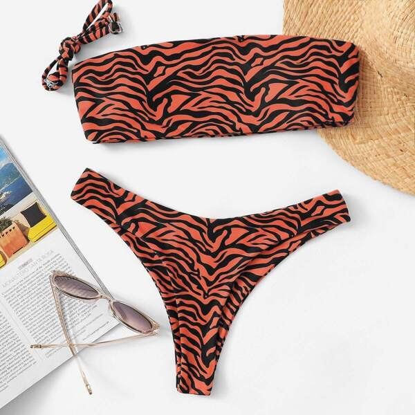 

Zebra Print Bandeau With High Leg Bikini Set