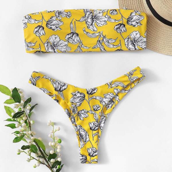 

Random Floral Bandeau With High Leg Bikini Set