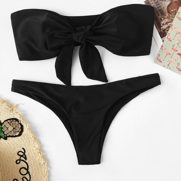 

Tie Front Bandeau With Hipster Cheeky Bikini Set, Black