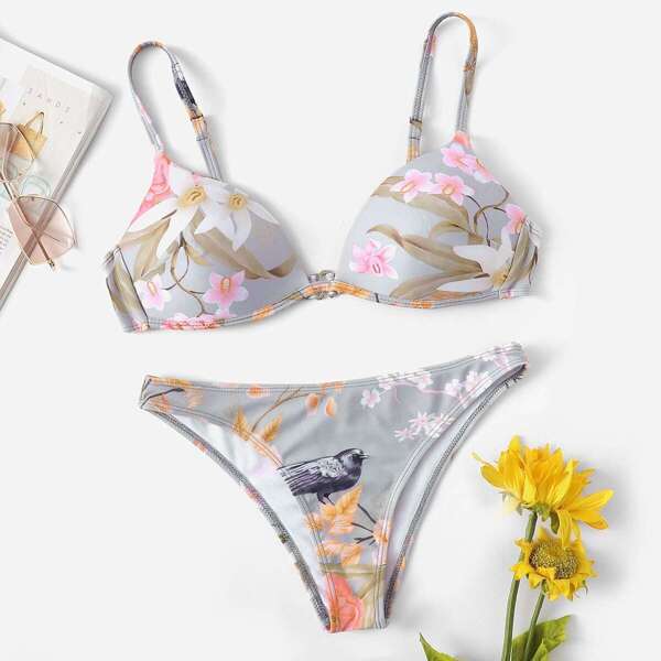 

Random Flower & Bird Print Low Rise Bikini, Multicolor