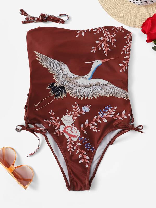 

Flower & Crane Print Bandeau One Piece Swim, Burgundy