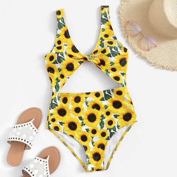 

Random Sunflower Print Cut-out One Piece Swim
