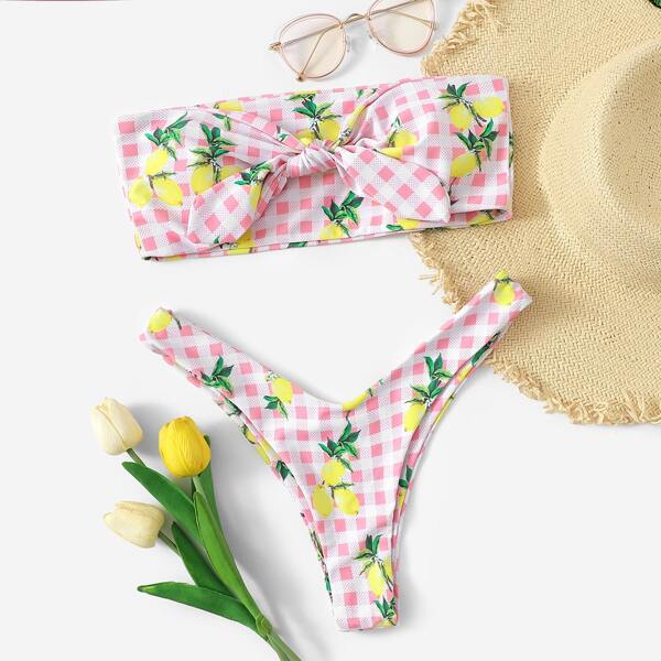 

Random Lemon & Gingham Bandeau With High Cut Bikini, Pink