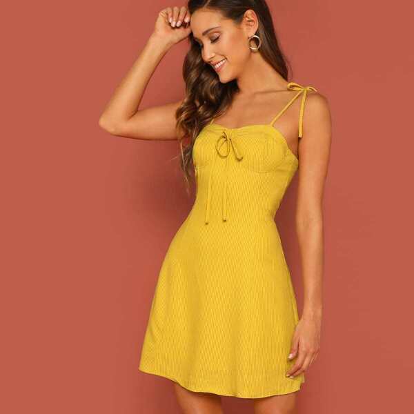 

Self Tie Shoulder Striped Bustier Dress, Yellow bright