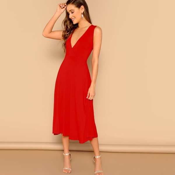 

Surplice Plunging Flowy Midi Dress, Red bright