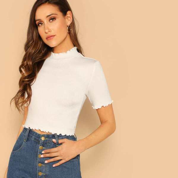 

Mock Neck Lettuce Edge Rib-knit Crop Tee