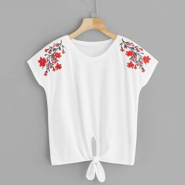 

Floral Embroidered Knot Hem Tee