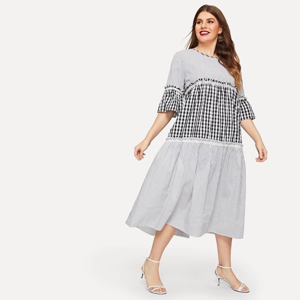 

Plus Contrast Plaid Panel Flounce Sleeve Dress, Black and white
