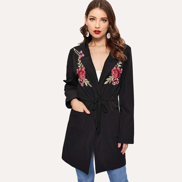 

Embroidery Drawstring Waist Hooded Coat