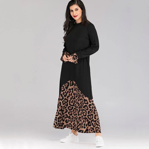 

Contrast Leopard Print Hem Flounce Sleeve Dress