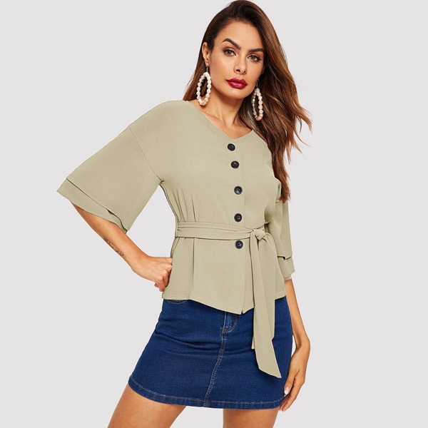 

Tiered Sleeve Button Front Belted Top, Beige