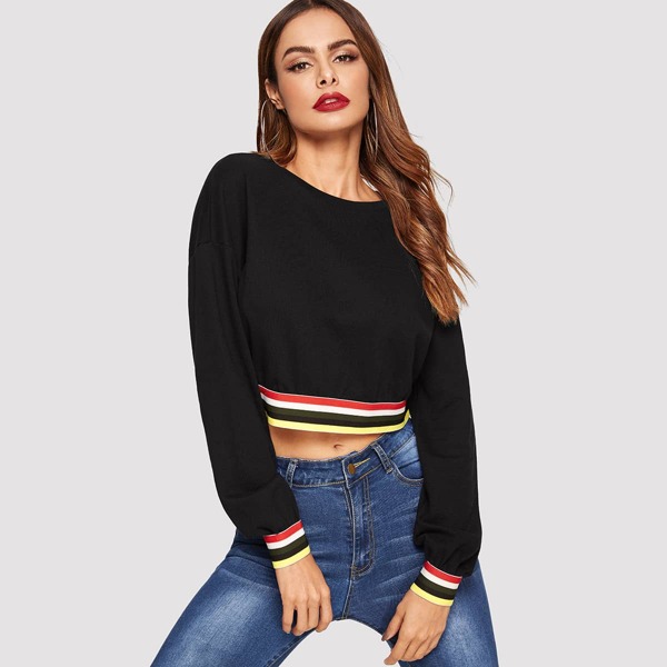 

Colorful Striped Hem Crop Pullover
