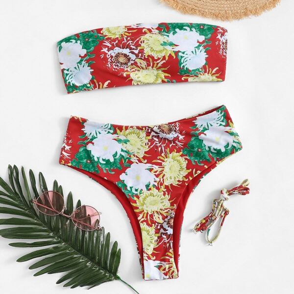

Floral Bandeau With High Waist Bikini Set