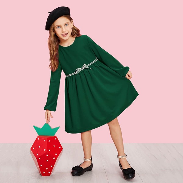 

Girls Zip Back Bow Embellished Pleated Dress