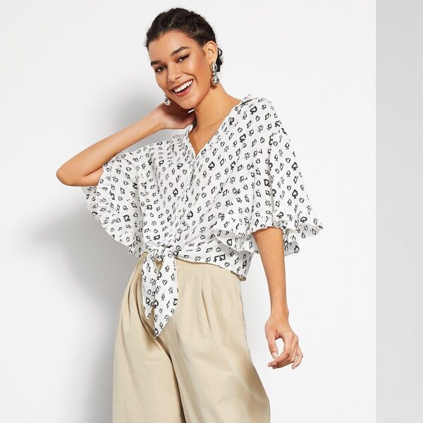

Knot Front Flounce Sleeve Poker Print Blouse, Black and white