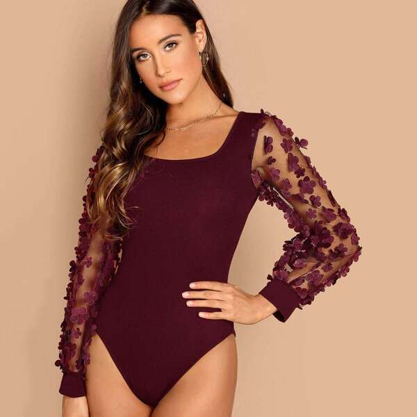 

Mesh Appliques Sleeve Bodysuit
