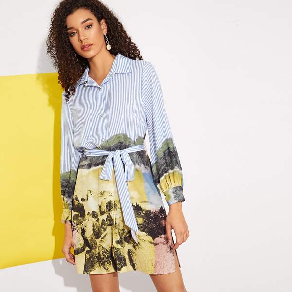 

Landscape Painting Striped Belted Shirt Dress