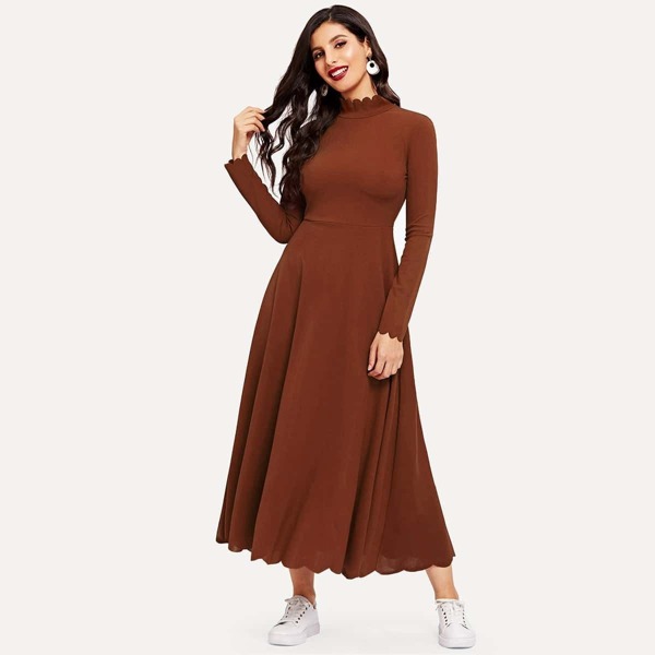 

Mock Neck Scallop Trim Maxi Dress, Brown