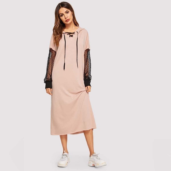 

Fishnet Sleeve Hooded Sweatshirt Dress, Pink