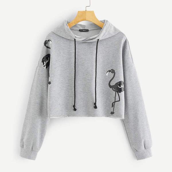 

Drop Shoulder Flamingo Print Drawstring Hoodie