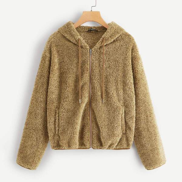 

Zip Up Drawstring Hooded Teddy Jacket, Camel