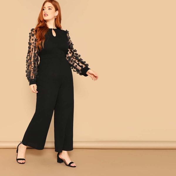 

Plus Mesh Appliques Sleeve Palazzo Jumpsuit