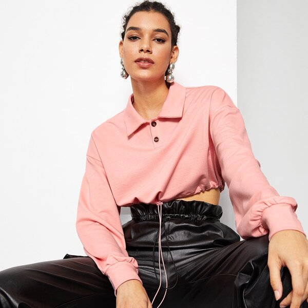 

Drawstring Waist Button Collar Pullover