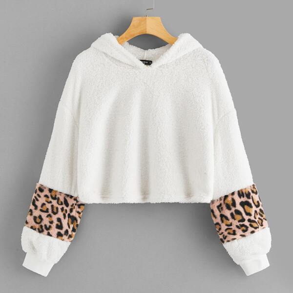 

Faux Fur Contrast Leopard Print Hoodie