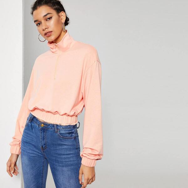 

Zip Half Placket Elastic Hem & Cuff Pullover, Pink