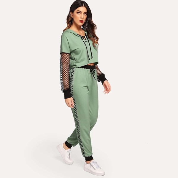 

Fishnet Sleeve Lace Up Hoodie & Sweatpants Set