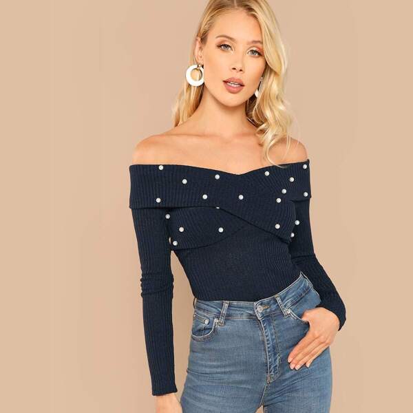 

Cross Wrap Front Rib Knit Off Shoulder Tee