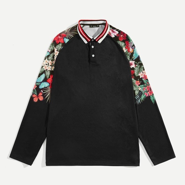 

Men Floral Print Raglan Sleeve Polo Shirt