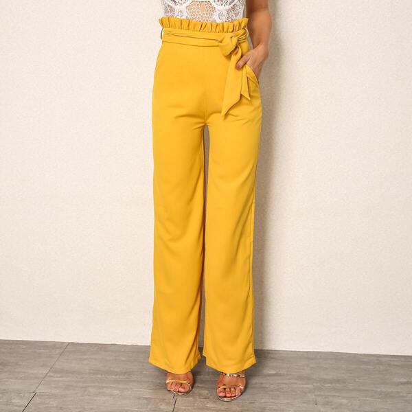 

Paperbag Waist Wide Leg Belted Pants, Yellow