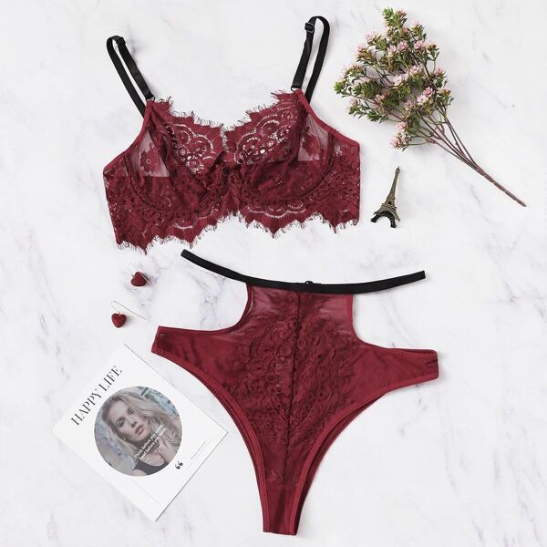 

Eyelash Lace Cut-out Lingerie Set