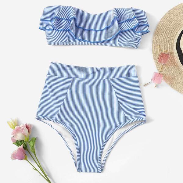 

Striped Ruffle Bandeau With High Waist Bikini, Blue