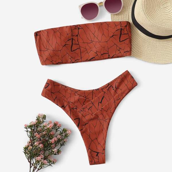 

Marble Print Bandeau With High Cut Bikini