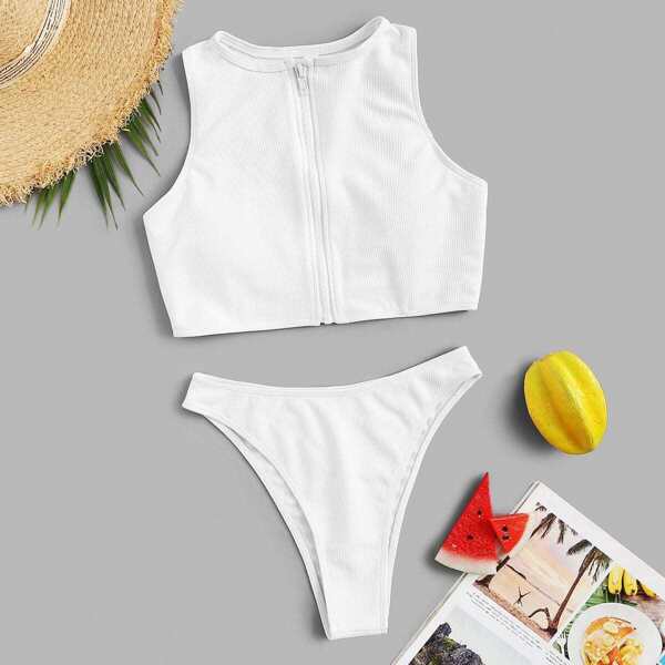 

Ribbed Zip Up Top With High Cut Bikini, White