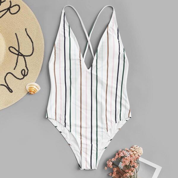

Striped Criss Cross Low Back One Piece Swim