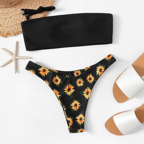 

Bandeau With Random Floral High Cut Bikini Set