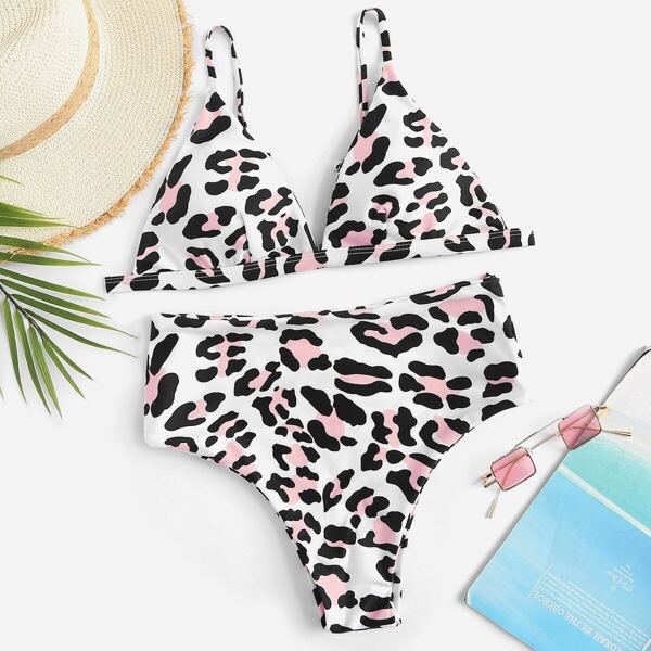 

Leopard Triangle Top With High Waist Bikini Set
