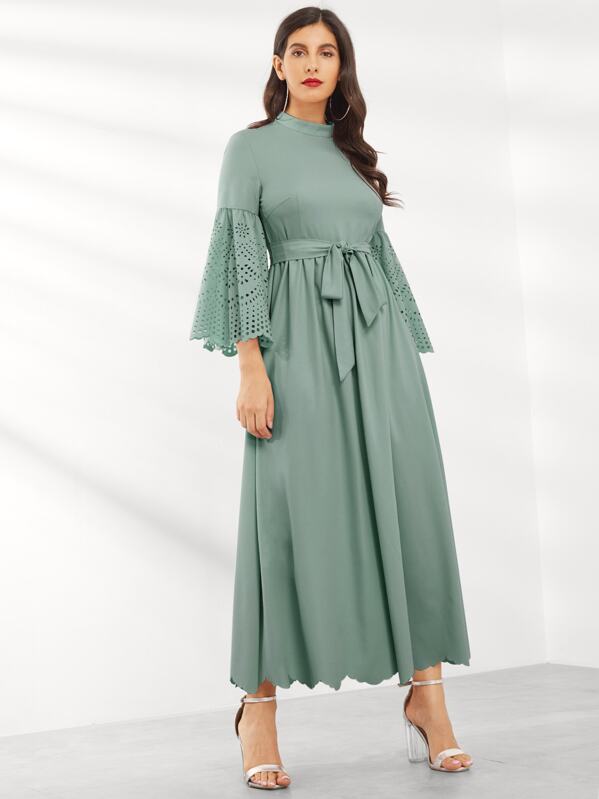 

Laser Cut Scalloped Bell Sleeve Dress, Blue, Jeane