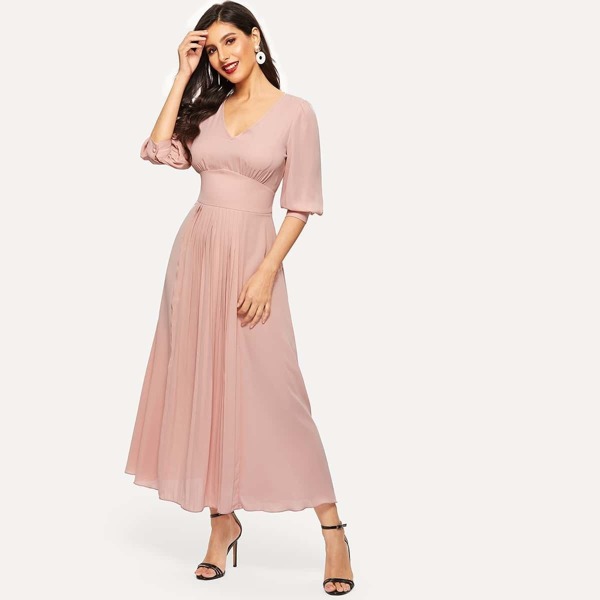 

High Waist Pleated Detail Solid Dress, Pink