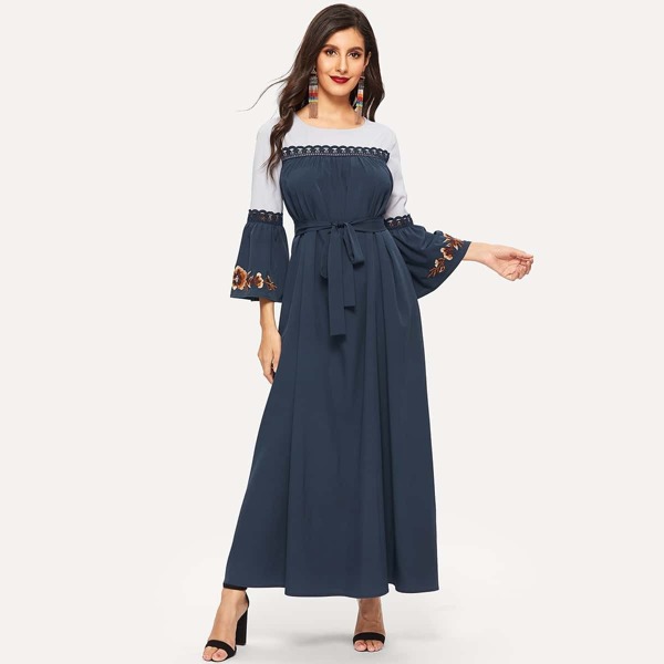 

Floral Embroidered Trumpet Sleeve Belted Maxi Dress, Navy