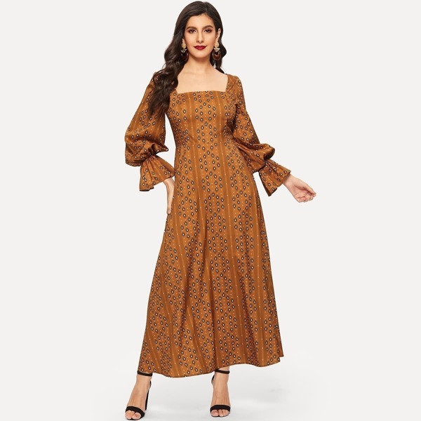 

Ruffle Cuff Geo Print Dress, Yellow