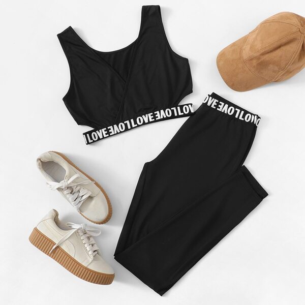 

Letter Print Cutout Side Sport Bra & Pants Set