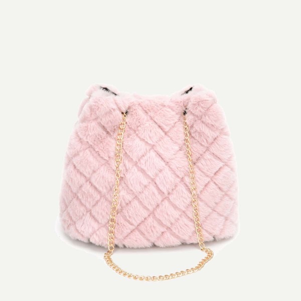 

Quilted Detail Fuzzy Chain Tote Bag