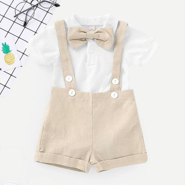 

Toddler Boys Bow Tie Jumpsuit With Straps Shorts, Multicolor