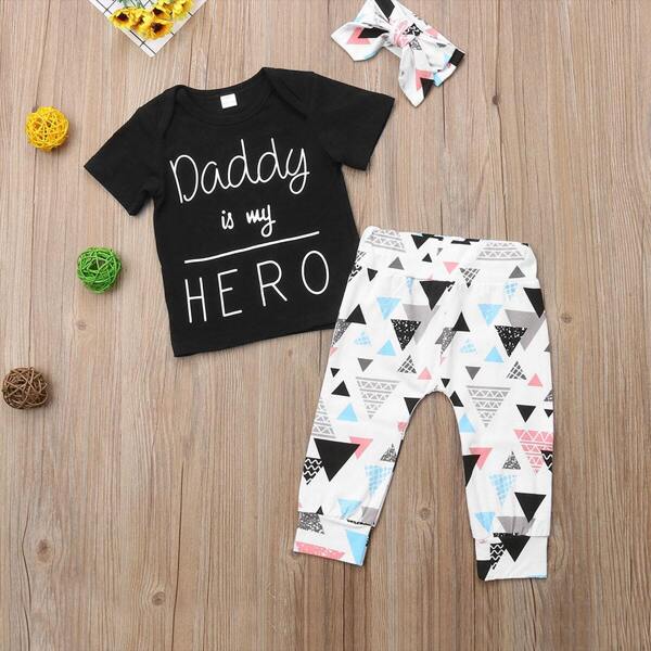 

Toddler Girls Slogan Print Tee & Triangle Print Pants & Headband, Black and white