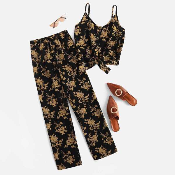 

Floral Print Knot Hem Cami Top With Pants