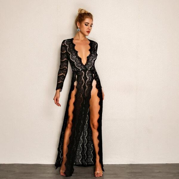 

Joyfunear Plunging Neck High Split Eyelash Lace Dress